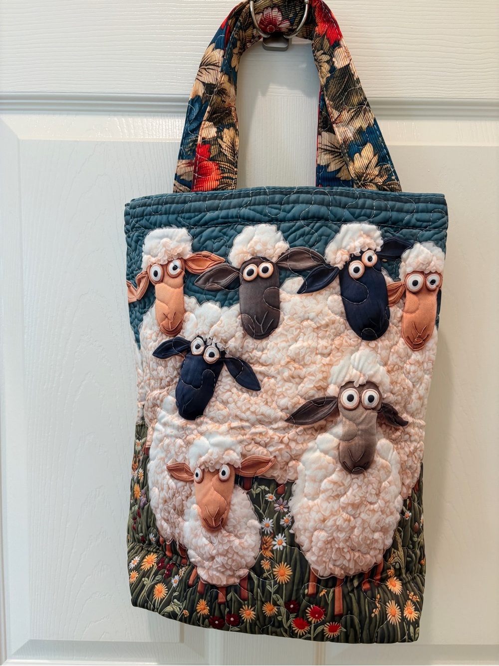 Quilted Sheep Appliqué Tote Bag in blue, green, orange, yellow FINAL OFFER $18 - Picture 2 of 4